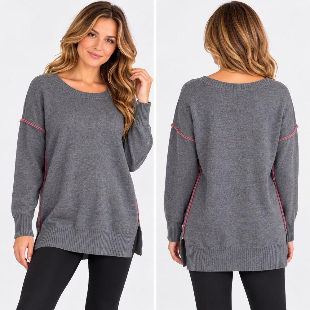 DKNY Womens Gray Knit Sweater Pink Contrast Trim Long Sleeve Pullover Small NWT